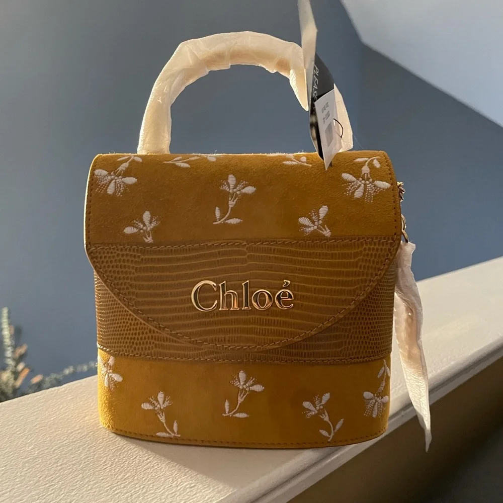 CHLOÉ Aby Lock Small Lizard-effect Leather-trimmed Embroidered Suede Bag - Picture 2 of 16